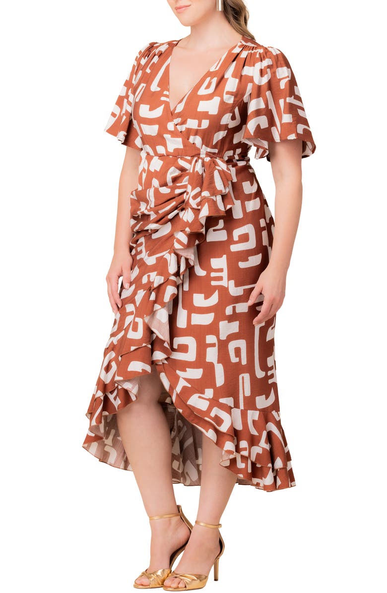 Kiyonna Alexandra Floral Print Ruffle Wrap Front Maxi Dress, Alternate, color, Chocolate Abstraction