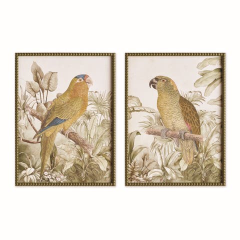 Tropical Parrot Prints, Set of 2 - Brown/Green - Fir Wood
