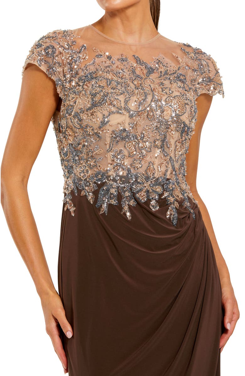 Mac Duggal Jersey Gown With Crystal Applique Sheer Bodice, Alternate, color, Chocolate
