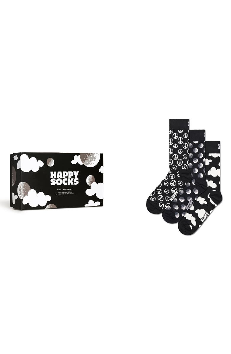 Happy Socks Assorted 3-Pack Black & White Crew Socks Gift Box, Main, color, Black