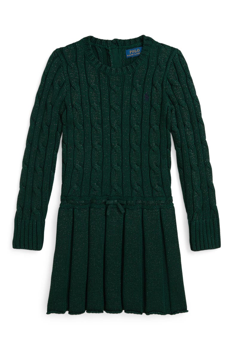 Kids' Cotton Metallic Cable Knit Sweater Dress, Main, color, GREEN