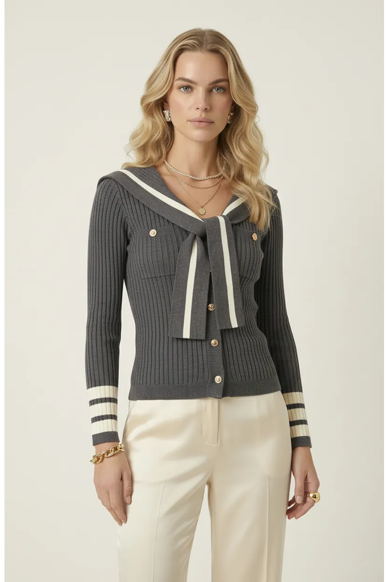 Modenaire Ribbed Knit Cardigan with Sailor Collar and Contrast