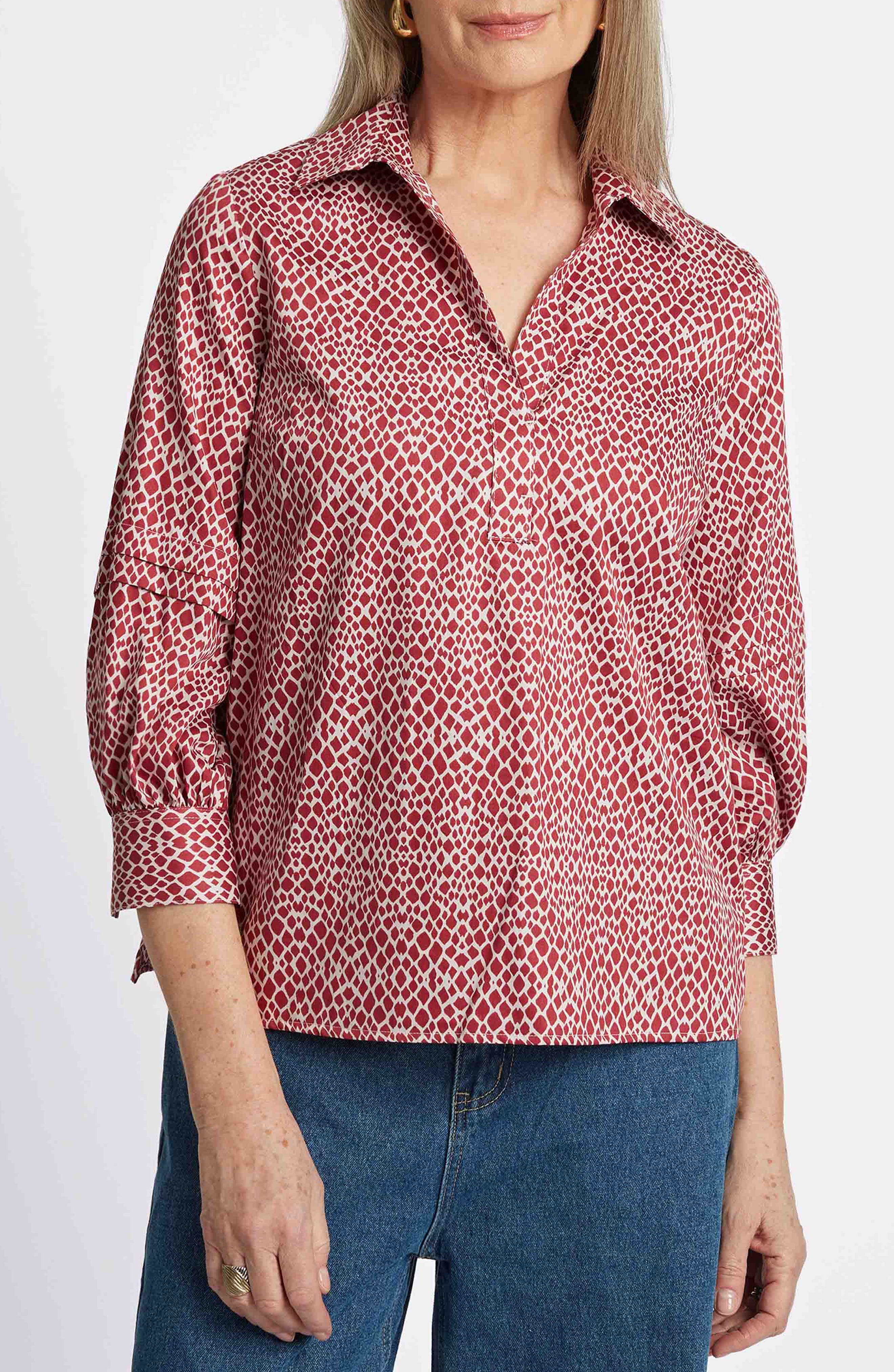 Foxcroft Frankie Abstract Print Cotton Sateen Popover Top