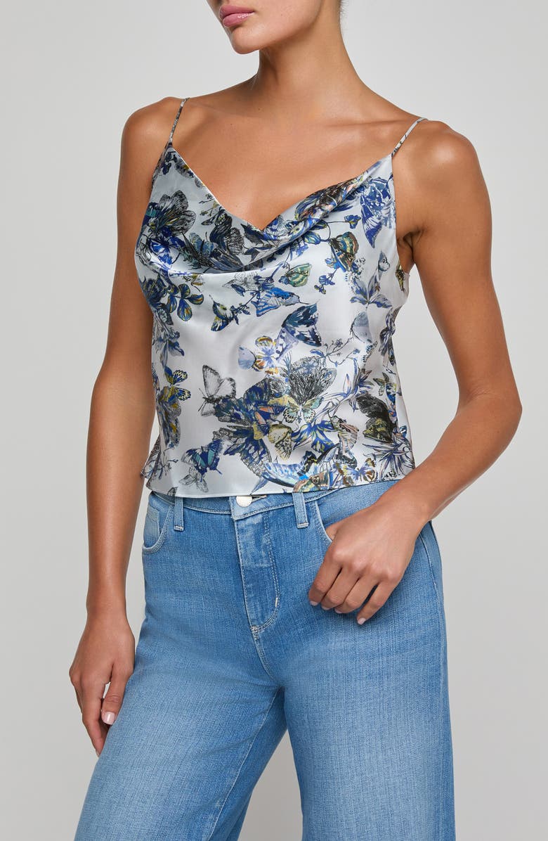 L'AGENCE Calista Cowl Neck Silk Camisole, Alternate, color, Grey Multi Watercolr Butterfly