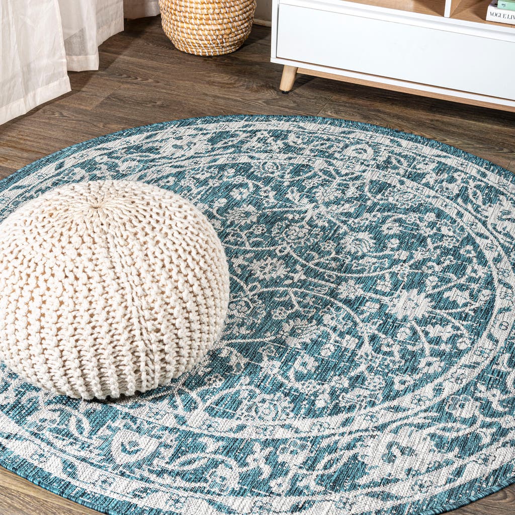 Jonathan Y Palazzo Vine And Border Textured Weave Indoor/outdoor Round Area Rug In Teal/gray