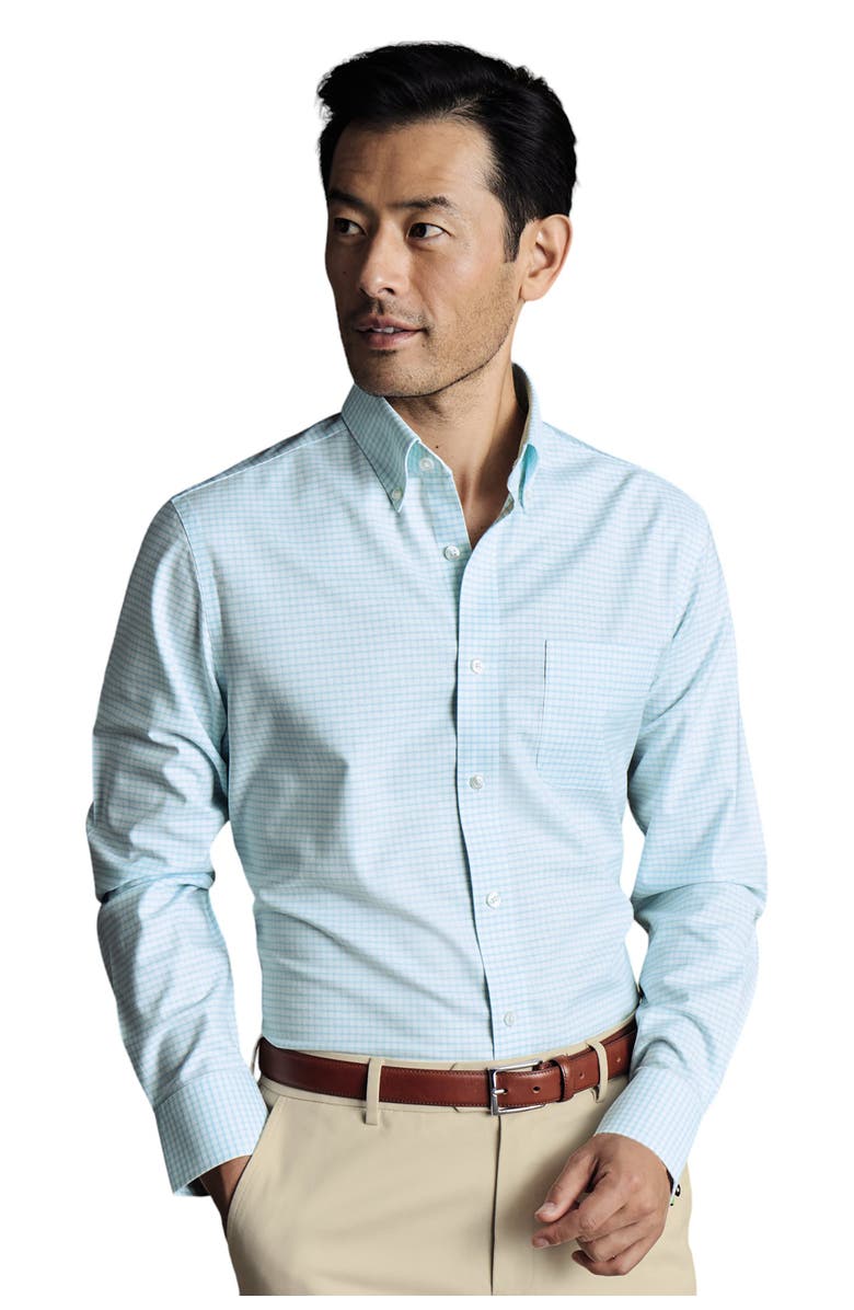 Charles Tyrwhitt Slim Fit Button-Down Collar Non-Iron Stretch Check Oxford Shirt, Main, color, Aqua Green