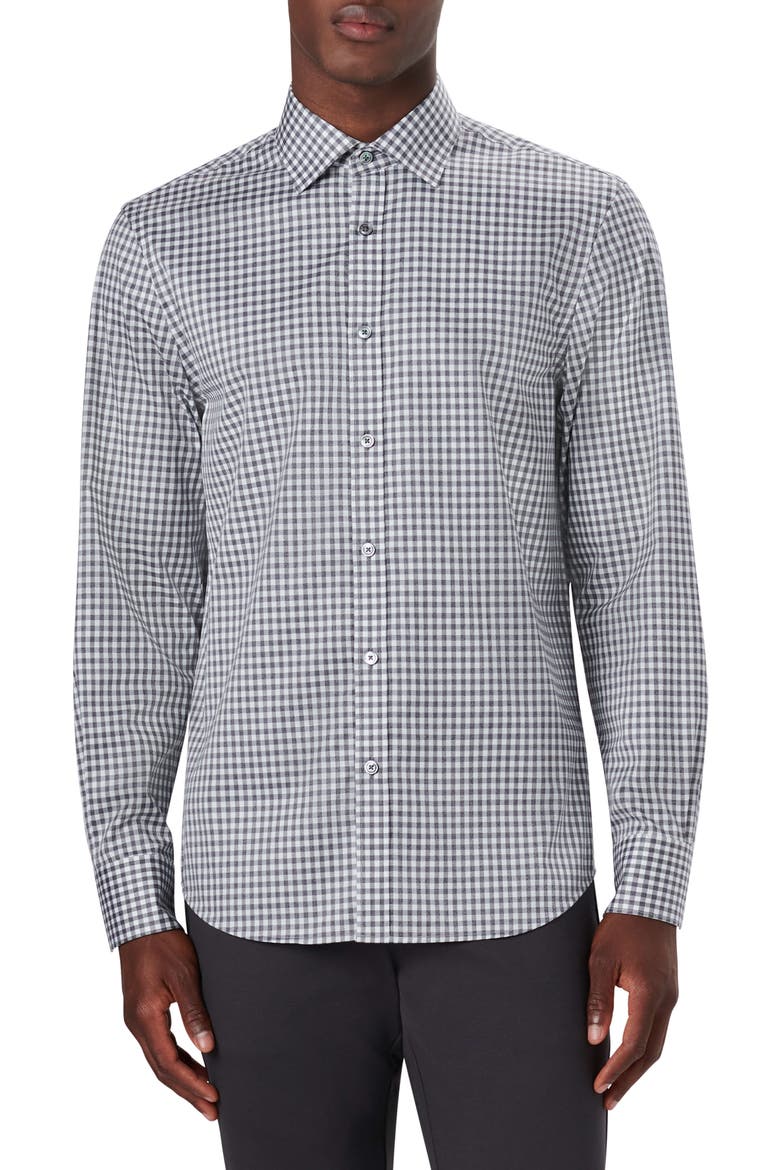 Shaped Fit Gingham Stretch Cotton Button-Up Shirt, Main, color, GRAPHITE