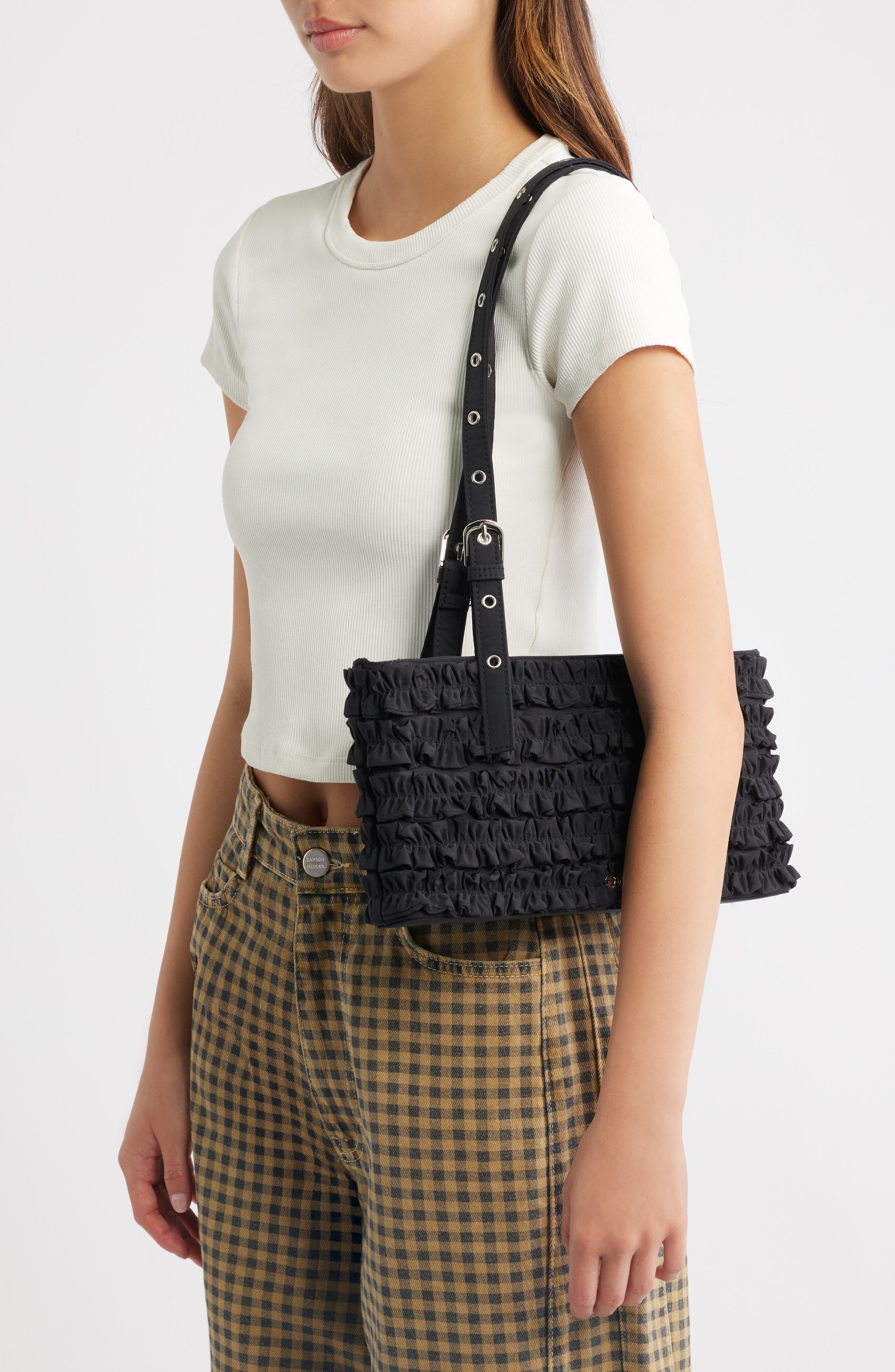 Sophia Ruffle Shoulder Bag, Alternate, color, BLACK