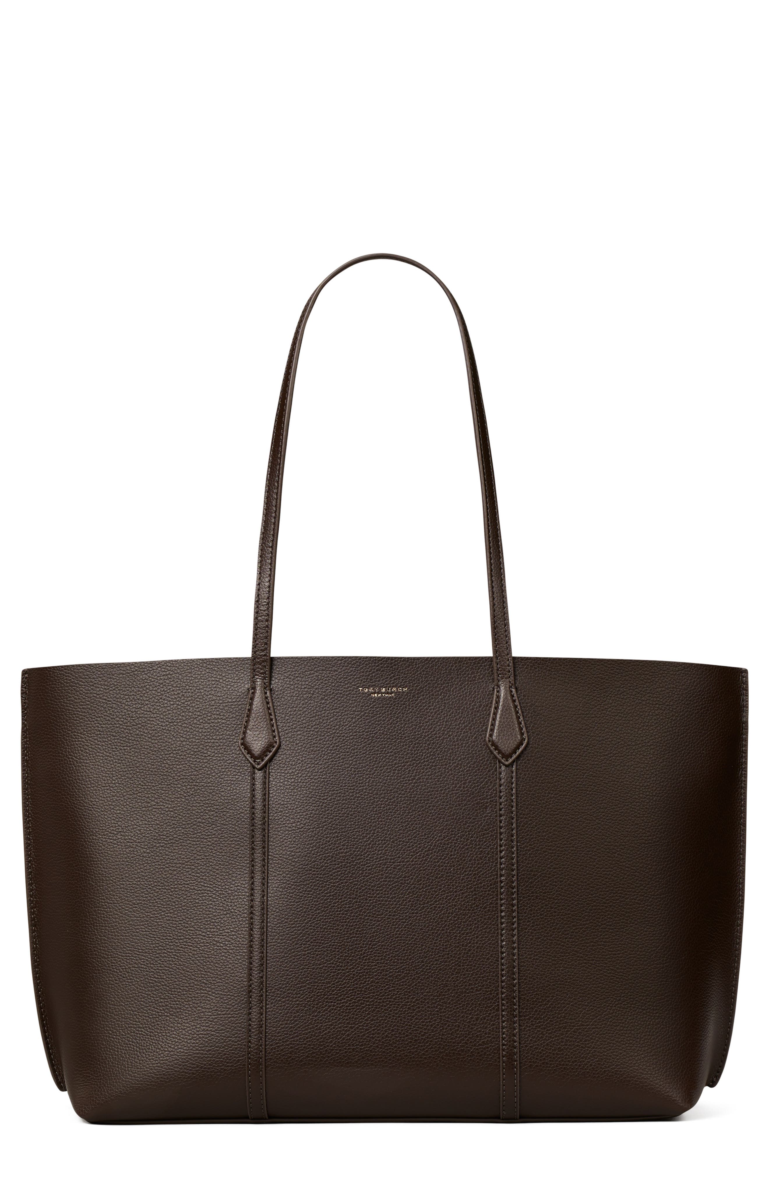 Perry Triple Compartment Leather Tote, Main, color, DARK COCOA