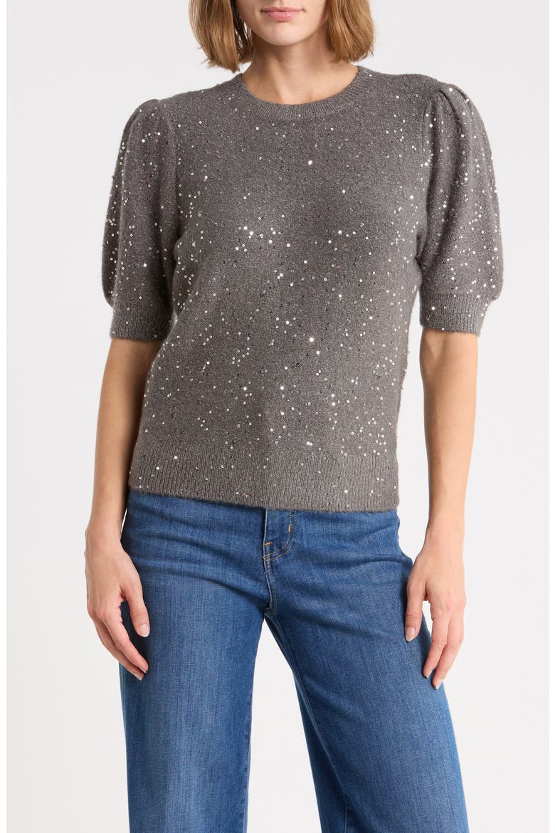 Gladiolus Sequined Puff Sleeve Sweater, Main, color, GREY