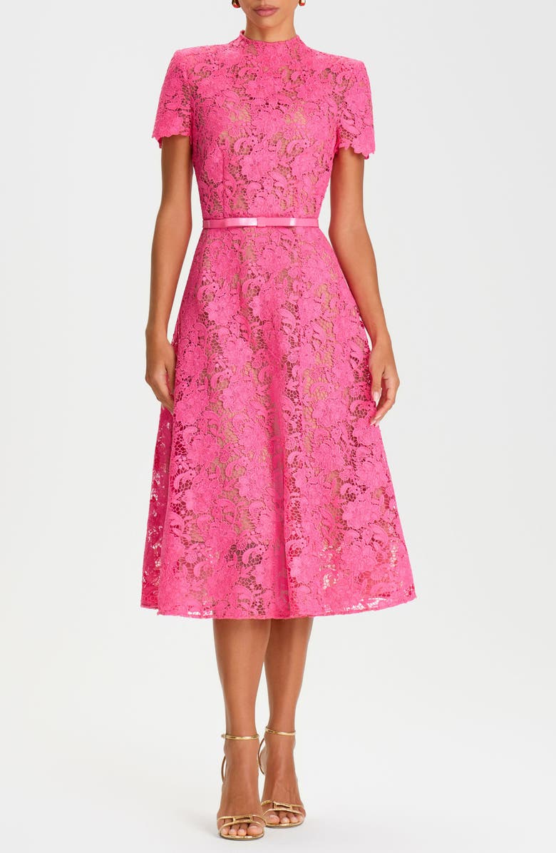 NADINE MERABI Belted Lace Cocktail Dress, Main, color, Pink