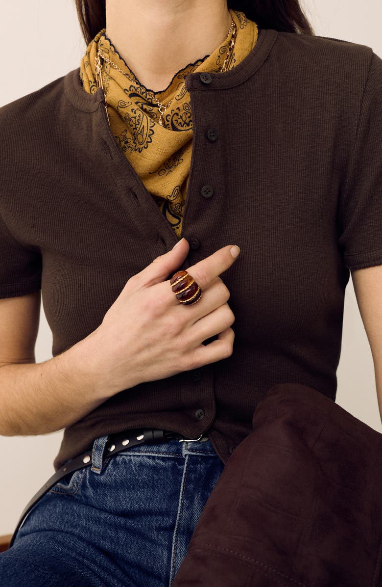 PER UNA BY M&S Rib Short Sleeve Button-Up Top, Alternate, color, Dark Mole Brown