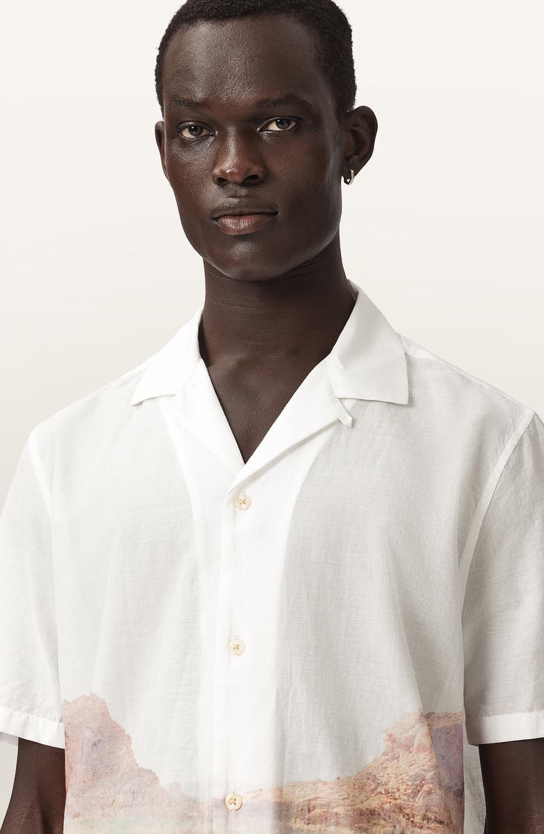 AllSaints Monument Mountainscape Print Slub Cotton Camp Shirt, Alternate, color, Tern White