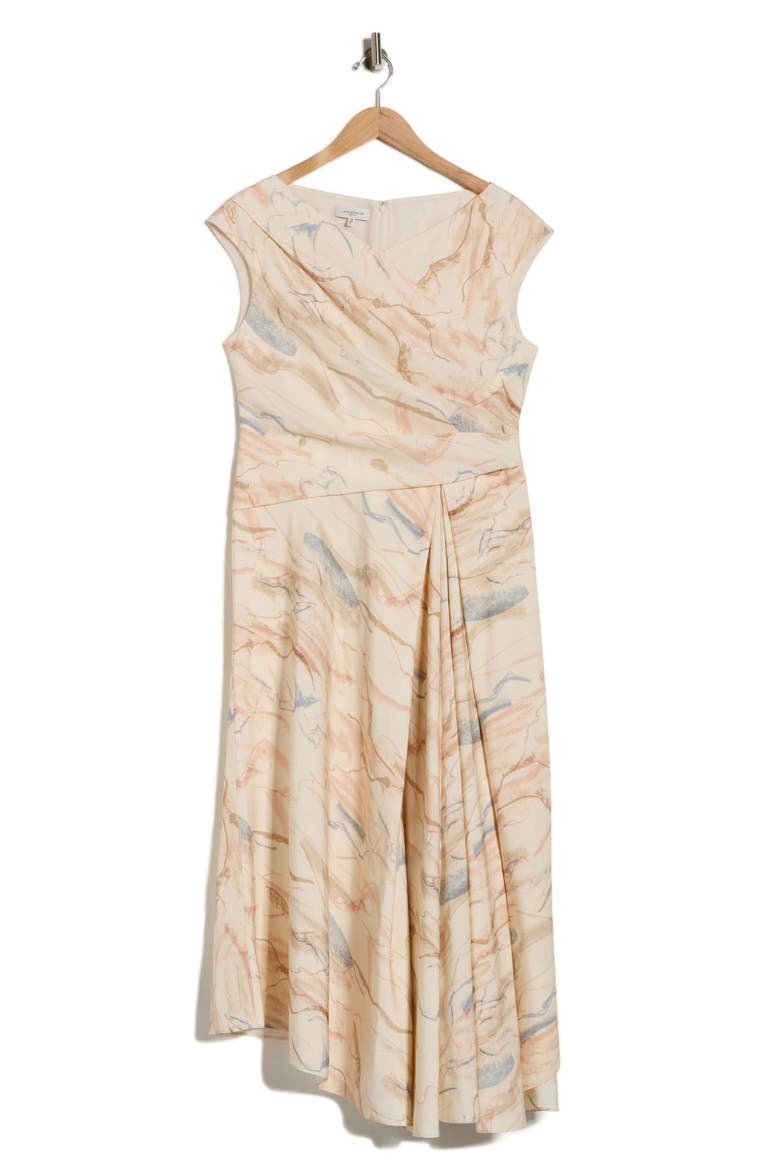 V-Neck Asymmetric Silk & Linen Midi Dress, Alternate, color, RAFFIA MULTI
