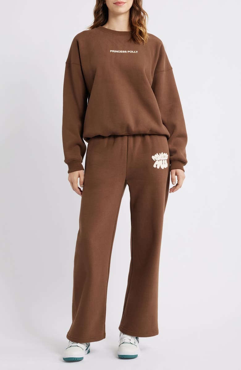 Princess Polly Logo Wide Leg Sweatpants, Main, color, Chocolate