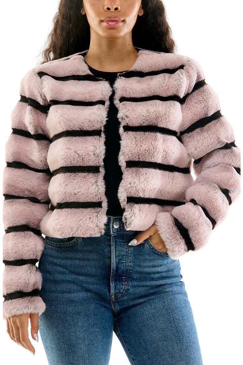 Long-Sleeve Striped Faux Fur Bolero, Main, color, BLUSH/ BLACK