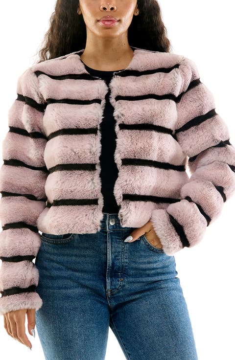 Long-Sleeve Striped Faux Fur Bolero