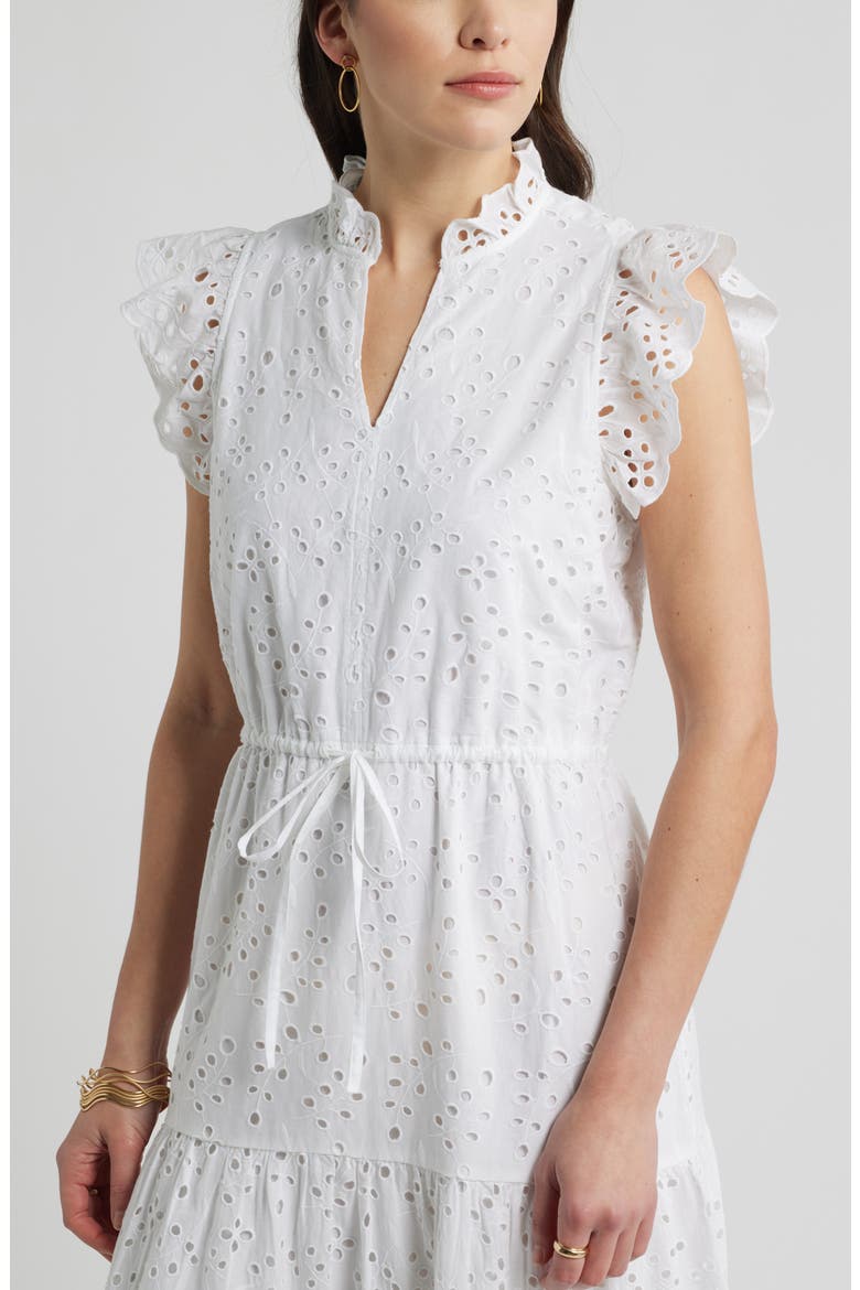 Ruffle Flutter Sleeve Cotton Broderie Anglaise Midi Dress, Alternate, color, WHITE