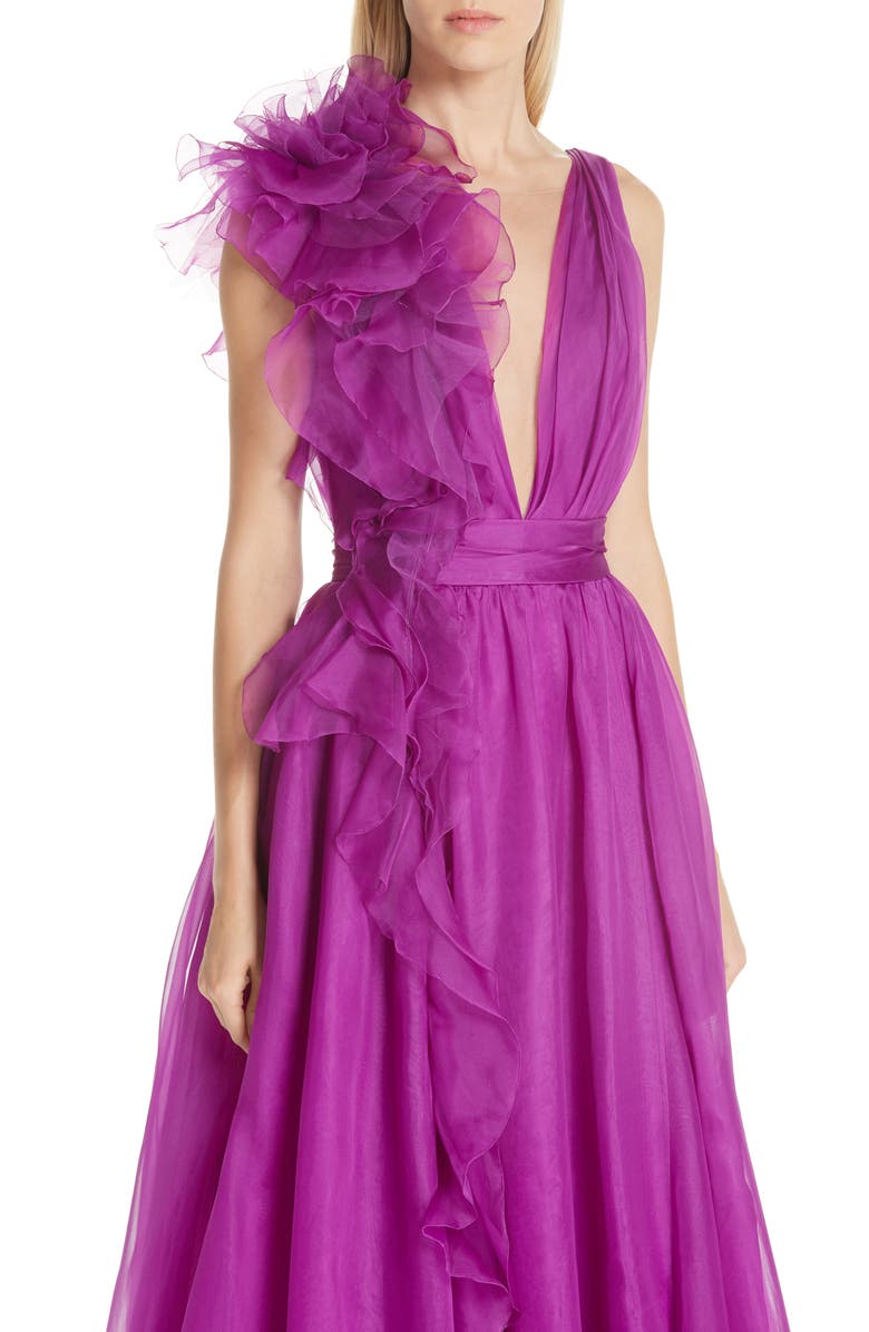 Marchesa Ruffle Silk Organza Evening Dress, Alternate, color, 