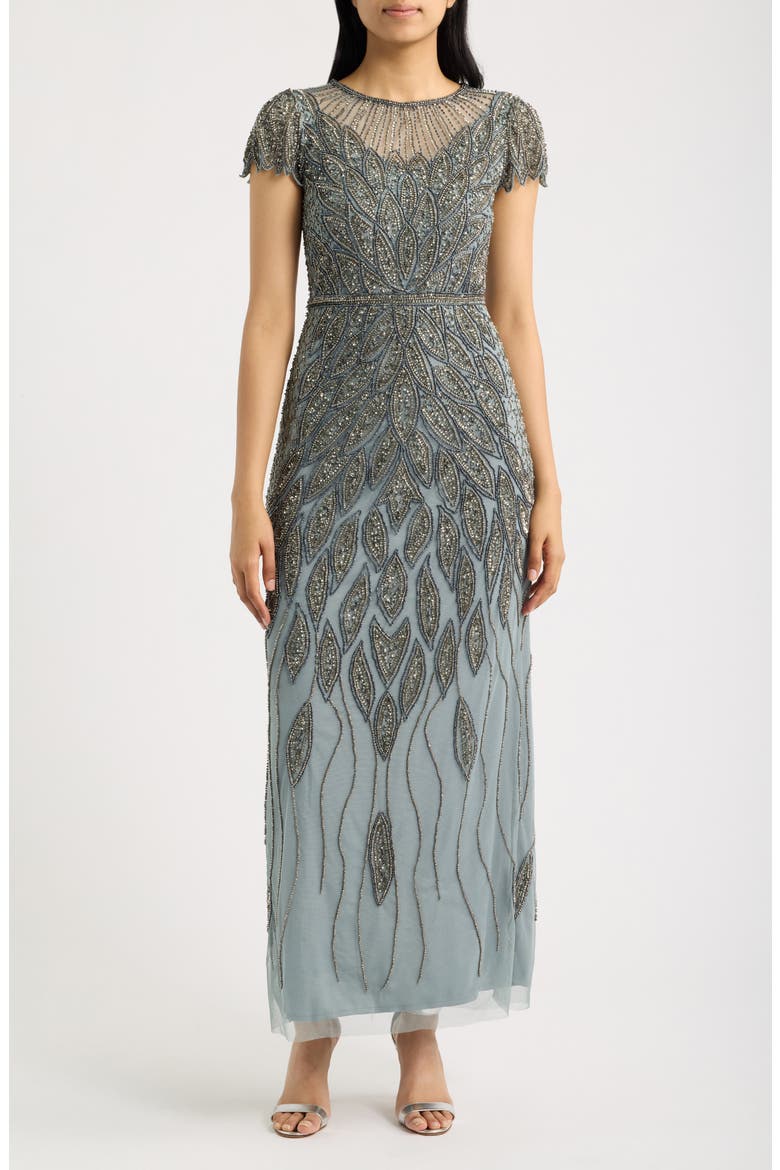 Beaded Cap Sleeve Column Gown, Main, color, TEAL 401