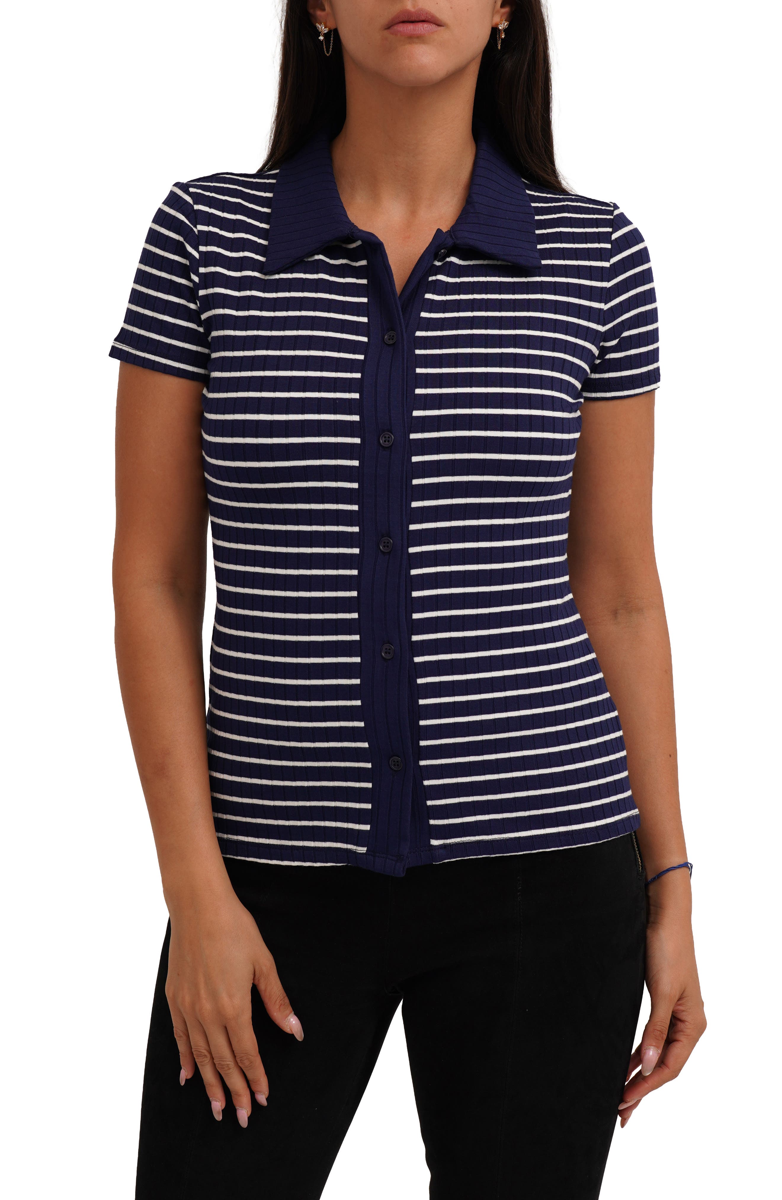 Stripe Rib Button-Up Knit Top - image 5