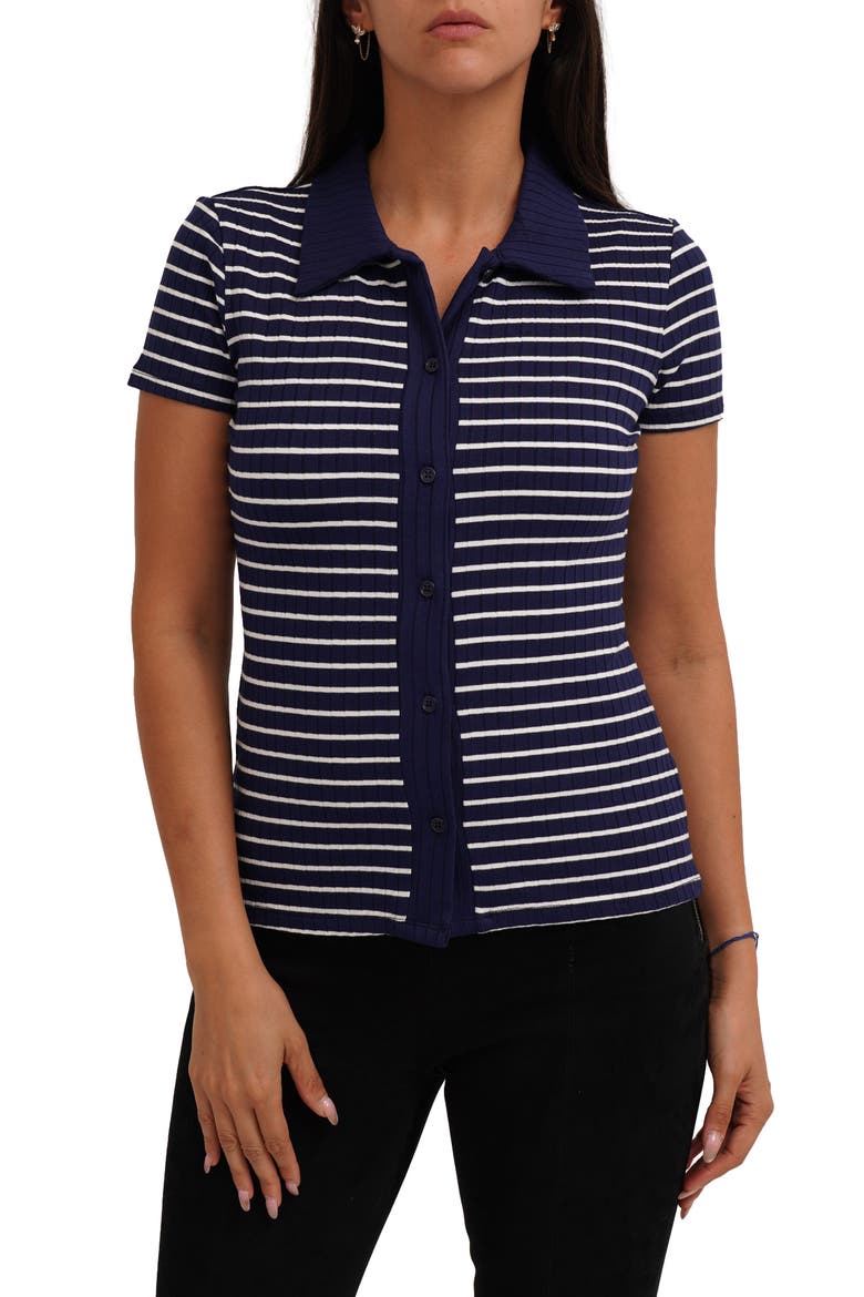 Stripe Rib Button-Up Knit Top, Main, color, ECLIPSE/ BONE