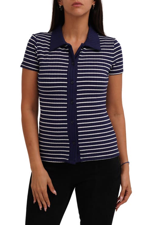 Stripe Rib Button-Up Knit Top