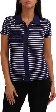 CYRUS Stripe Rib Button-Up Knit Top