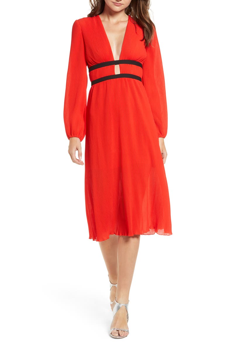 Patton Plunge Plissé Dress, Alternate, color, FIRE RED