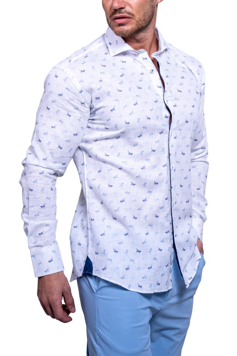 Einstein Resistance Contemporary Fit Lizard Print Linen & Cotton Button-Up Shirt, Alternate, color, WHITE