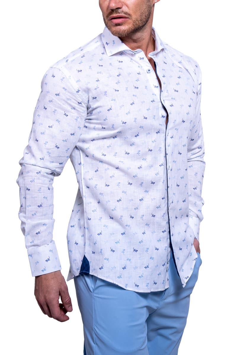 Maceoo Einstein Resistance Contemporary Fit Lizard Print Linen & Cotton Button-Up Shirt, Alternate, color, White