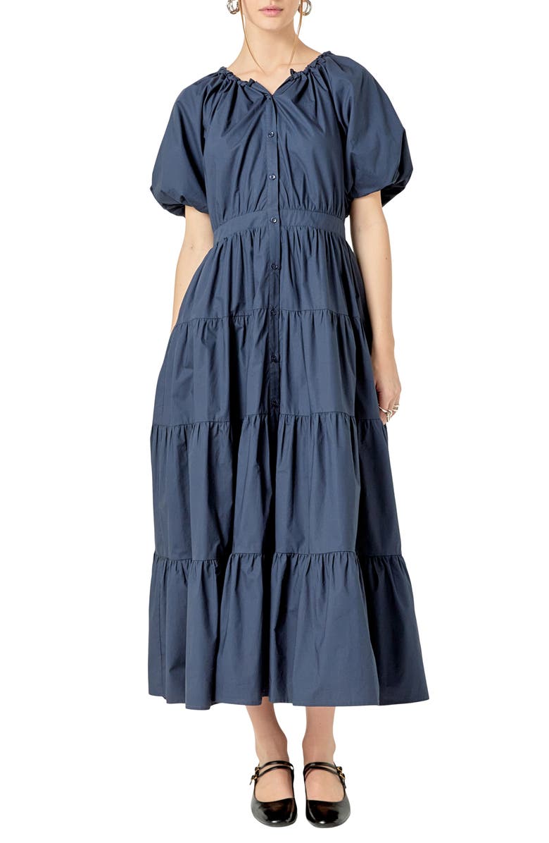 English Factory Puff Sleeve Tiered Maxi Dress, Main, color, Navy