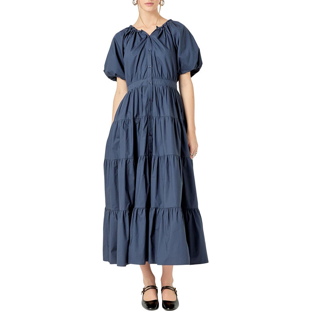 English Factory Puff Sleeve Tiered Maxi Dress In Navy