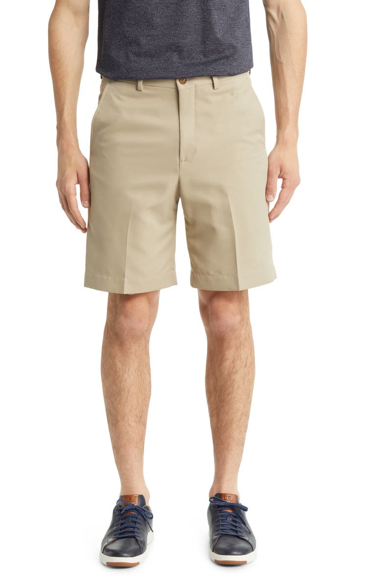 Berle Microfiber Flat Front Shorts, Main, color, Tan
