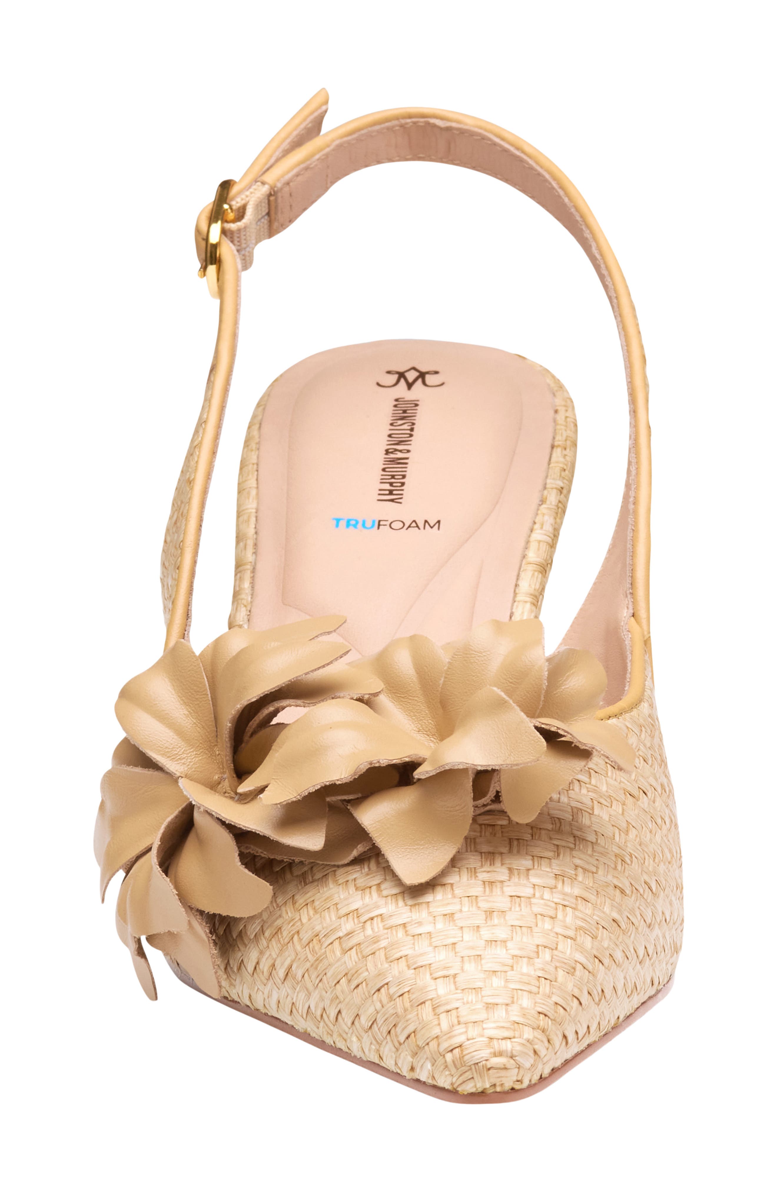 Johnston & Murphy Lindsey Flower Slingback Pointed Toe Kitten Heel Pump, Alternate, color, Natural Raffia/Kid Suede
