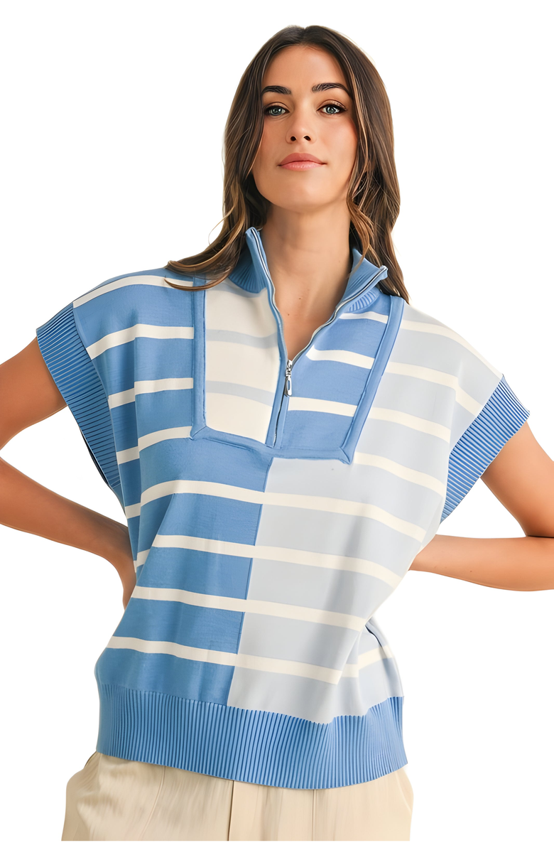 Knit and Lounge Striped Half-Zip Knit Top with Contrast Trim, Main, color, 