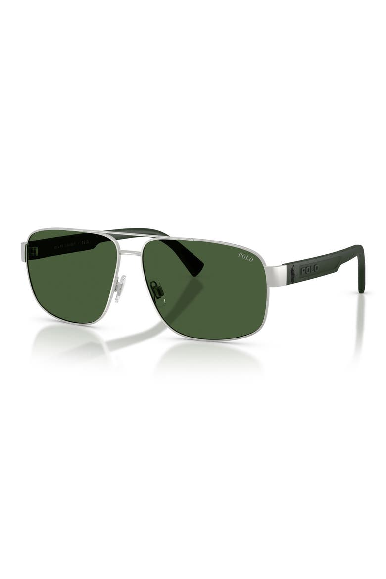 61mm Pilot Sunglasses, Alternate, color, SEMISHINY SILVER / DARK GREEN