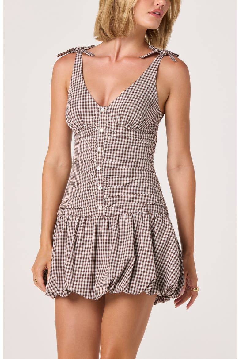 Jeliany Gingham Ruched Bubble Hem Minidress, Alternate, color, BROWN GINGHAM