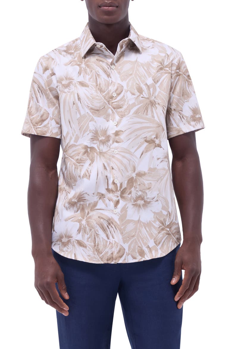 Orson Trim Fit Floral Short Sleeve Stretch Cotton Button-Up Shirt, Main, color, CAMEL