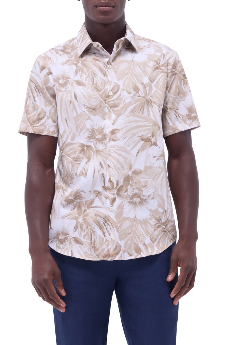 Bugatchi Orson Trim Fit Floral Short Sleeve Stretch Cotton Button-Up Shirt, Main, color, Camel