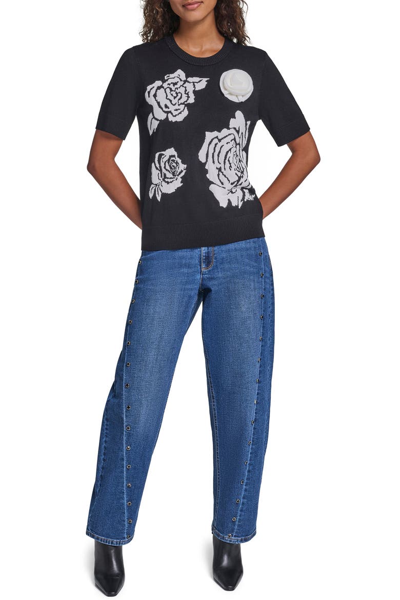 Rose Motif Short Sleeve Sweater, Alternate, color, BLACK/ SOFT WHITE
