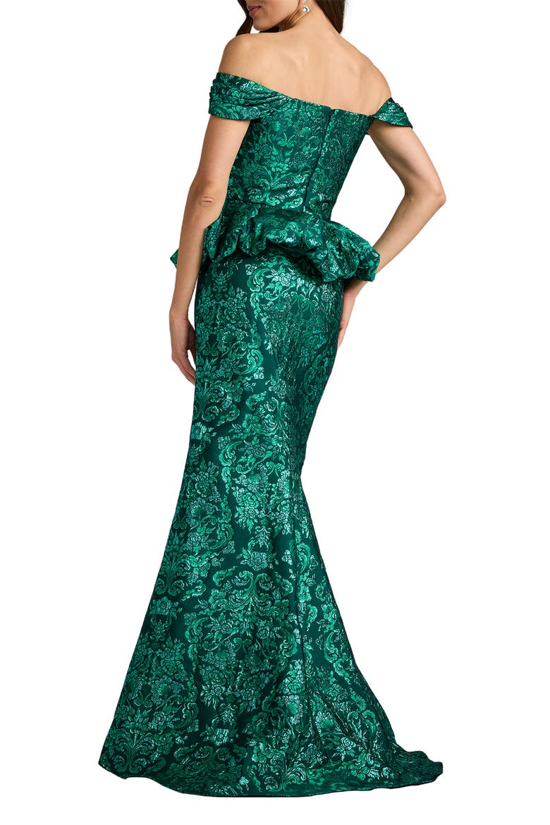 Medallion Jacquard Peplum Gown, Alternate, color, EMERALD GREEN/ MULTI