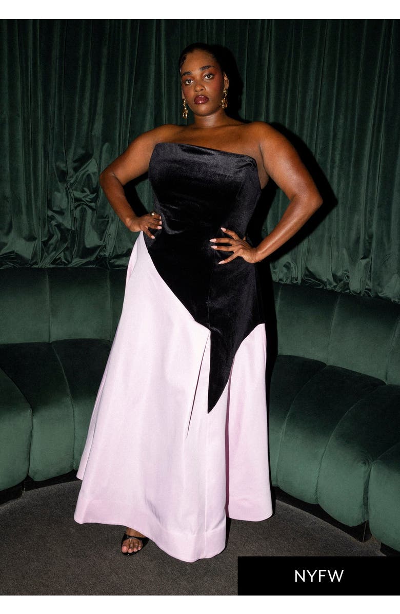 ELOQUII Asymmetrical Velvet Strapless Gown, Alternate, color,