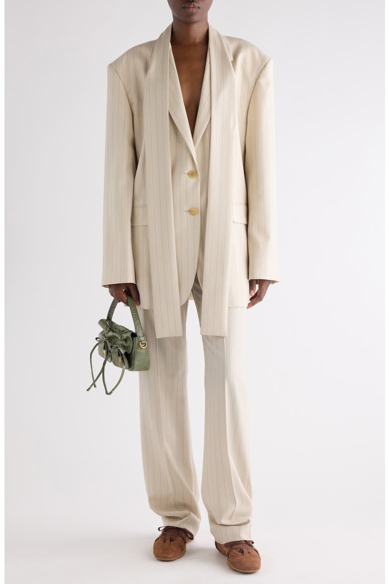 Pinstripe Wool Blazer with Scarf, Alternate, color, CREAM BEIGE