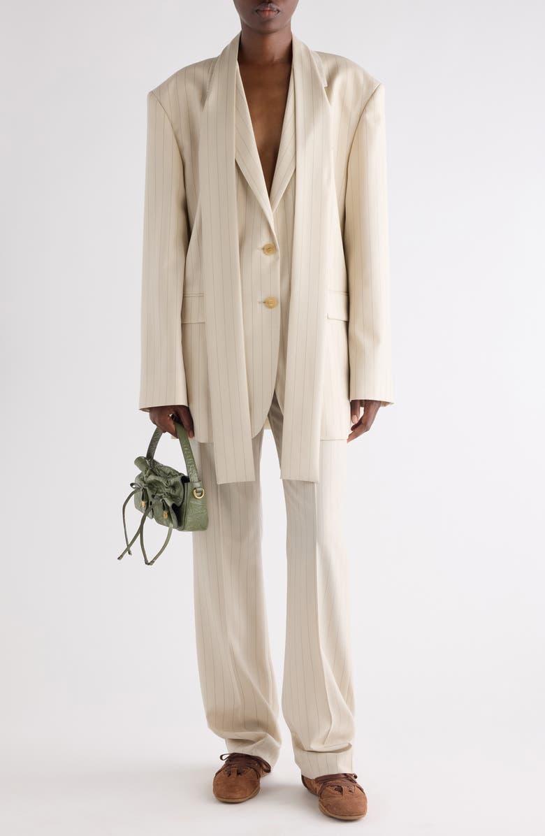 Acne Studios Pinstripe Wool Blazer with Scarf, Alternate, color, Cream Beige