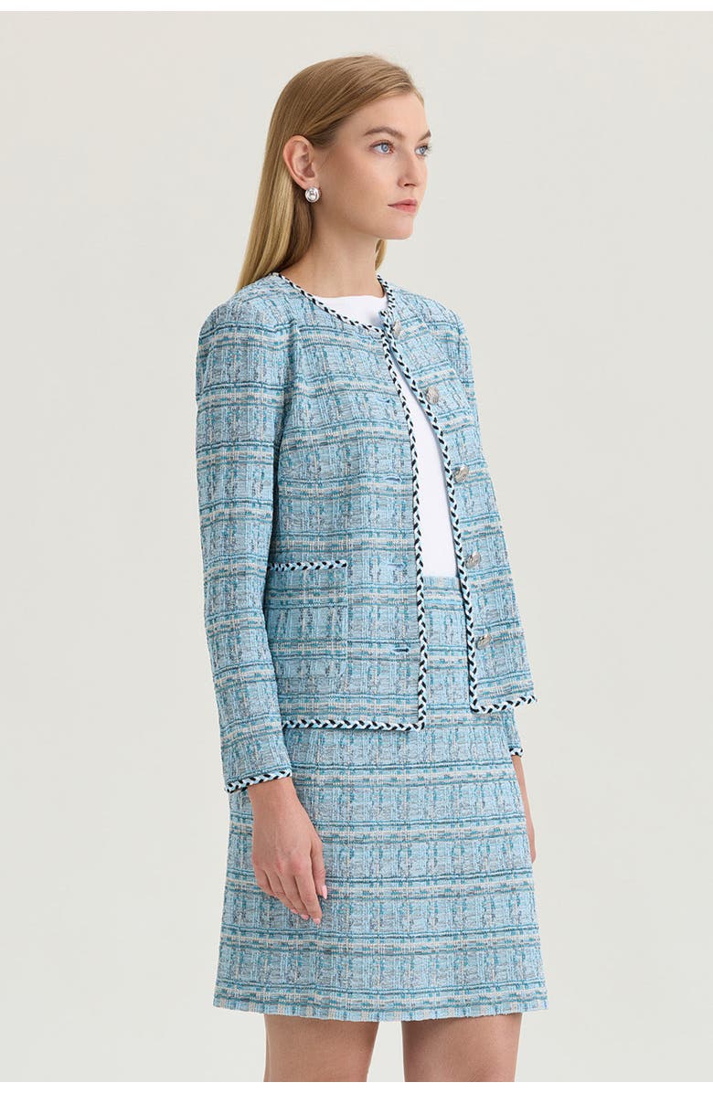Ming Wang Heritage Braided Trim Tweed Knit Jacket, Alternate, color, Serene/Nebula/Lime/Blk/Wht