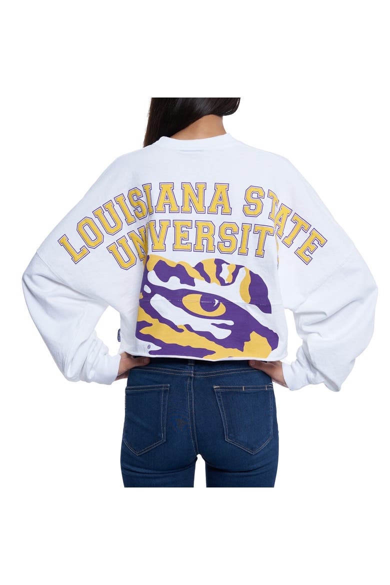 Women's White LSU Tigers Raw Hem Cropped Spirit Jersey Long Sleeve T-Shirt, Alternate, color, White