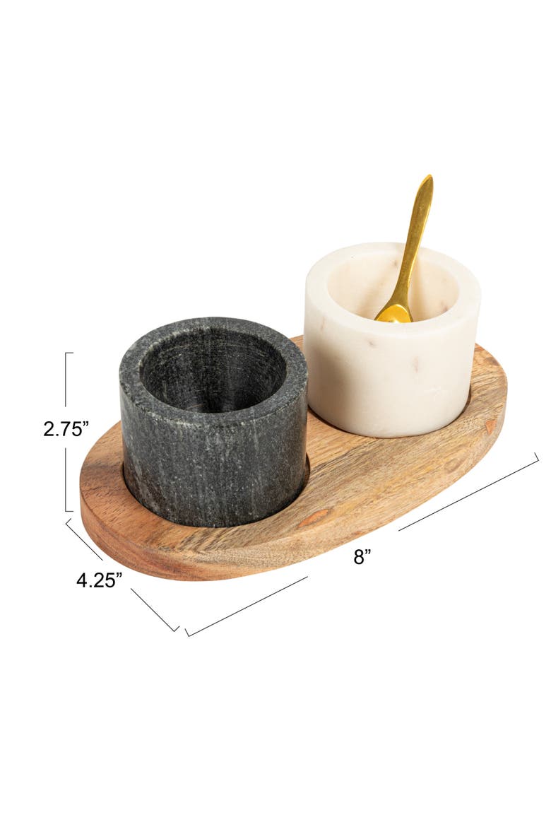 Round Marble Bowls on Mango Wood Tray with Brass Salt Spoon, White and Black, Set of 2, Alternate, color, White