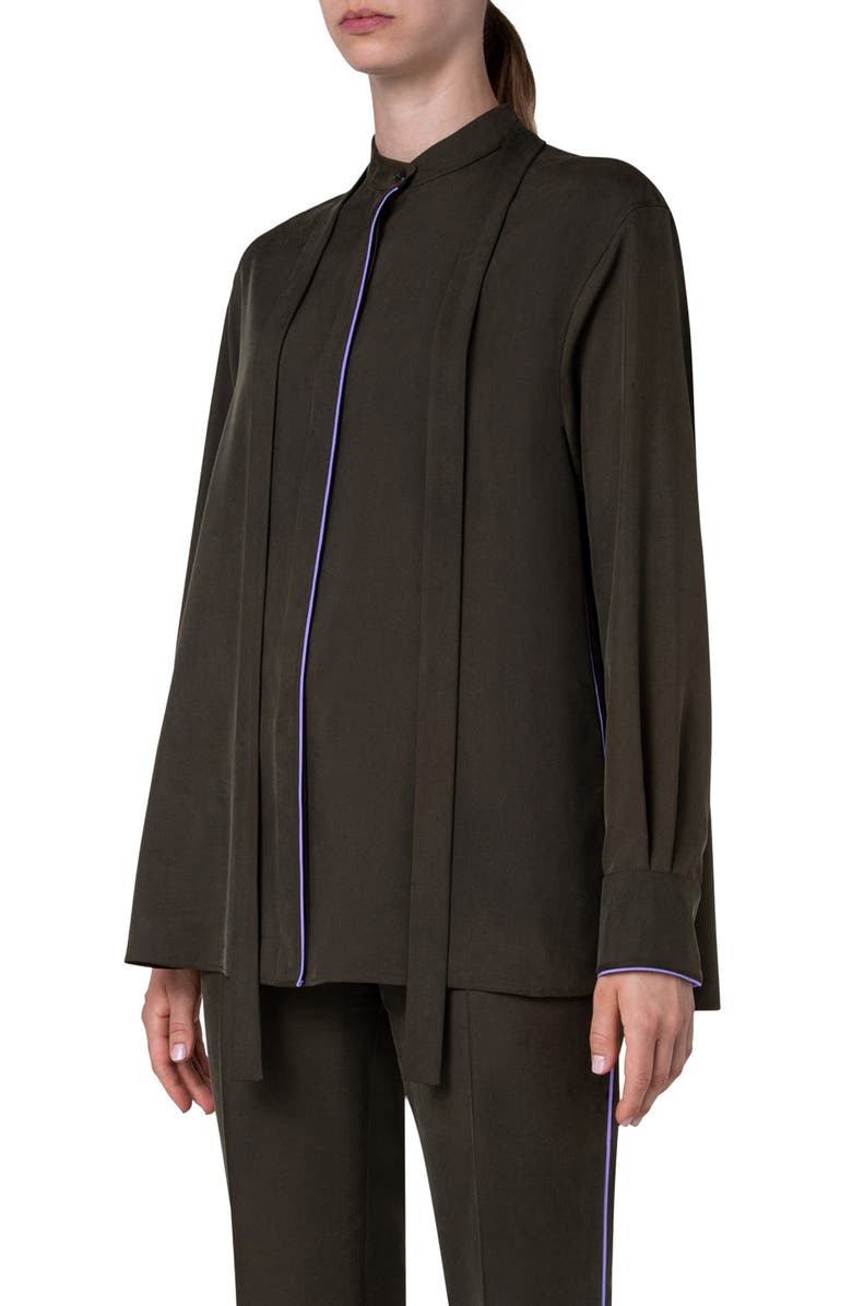 Akris Contrast Piping Silk Crepe Button-Up Shirt, Alternate, color,