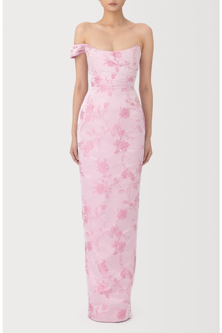Jackson Metallic Floral Brocade Cateye Strapless Gown, Main, color, PINK ROCOCO